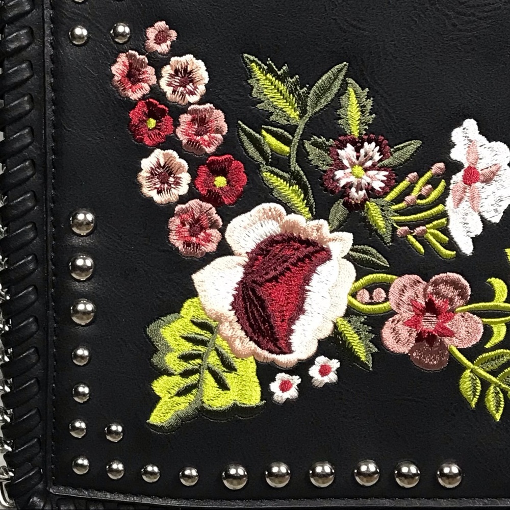 Harlow Black Boho Biker Chic Embroidered Crossbody Shoulder Clutch Bag - Picture 4 of 9
